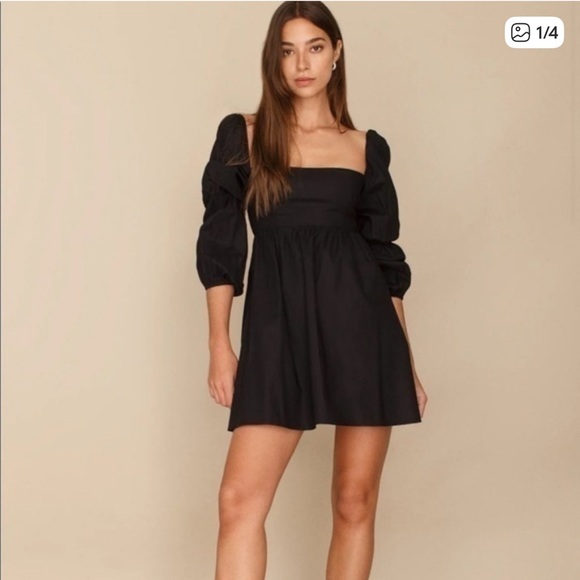 Reformation Michaela Black Smocked Mini Long Sleeve Dress - Picture 3 of 9